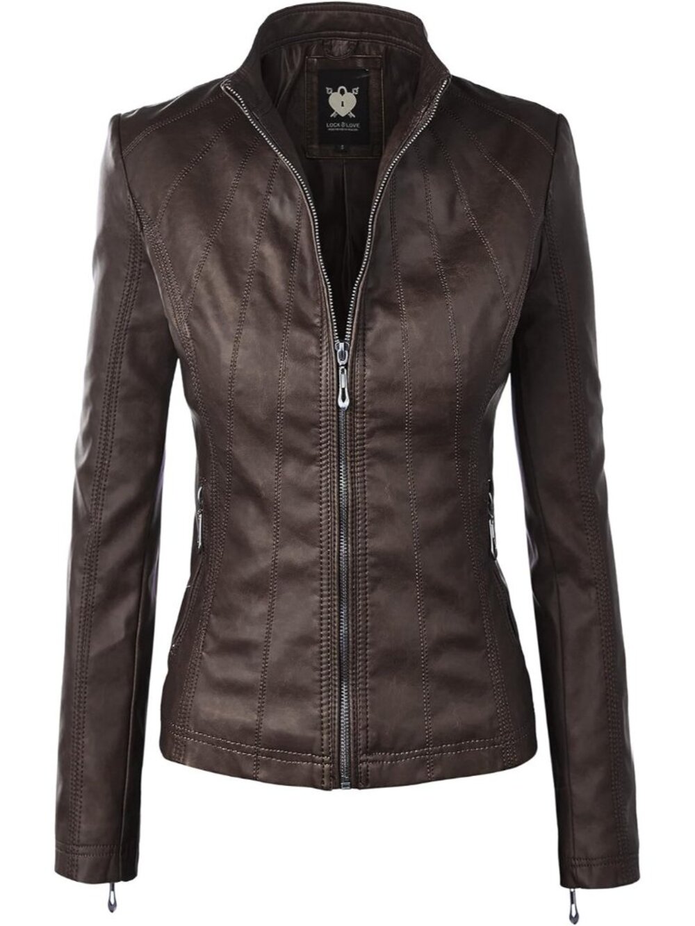Women's Coffee Solid Faux Leather Slim Fit Panelled Vegan Moto Biker Jacket